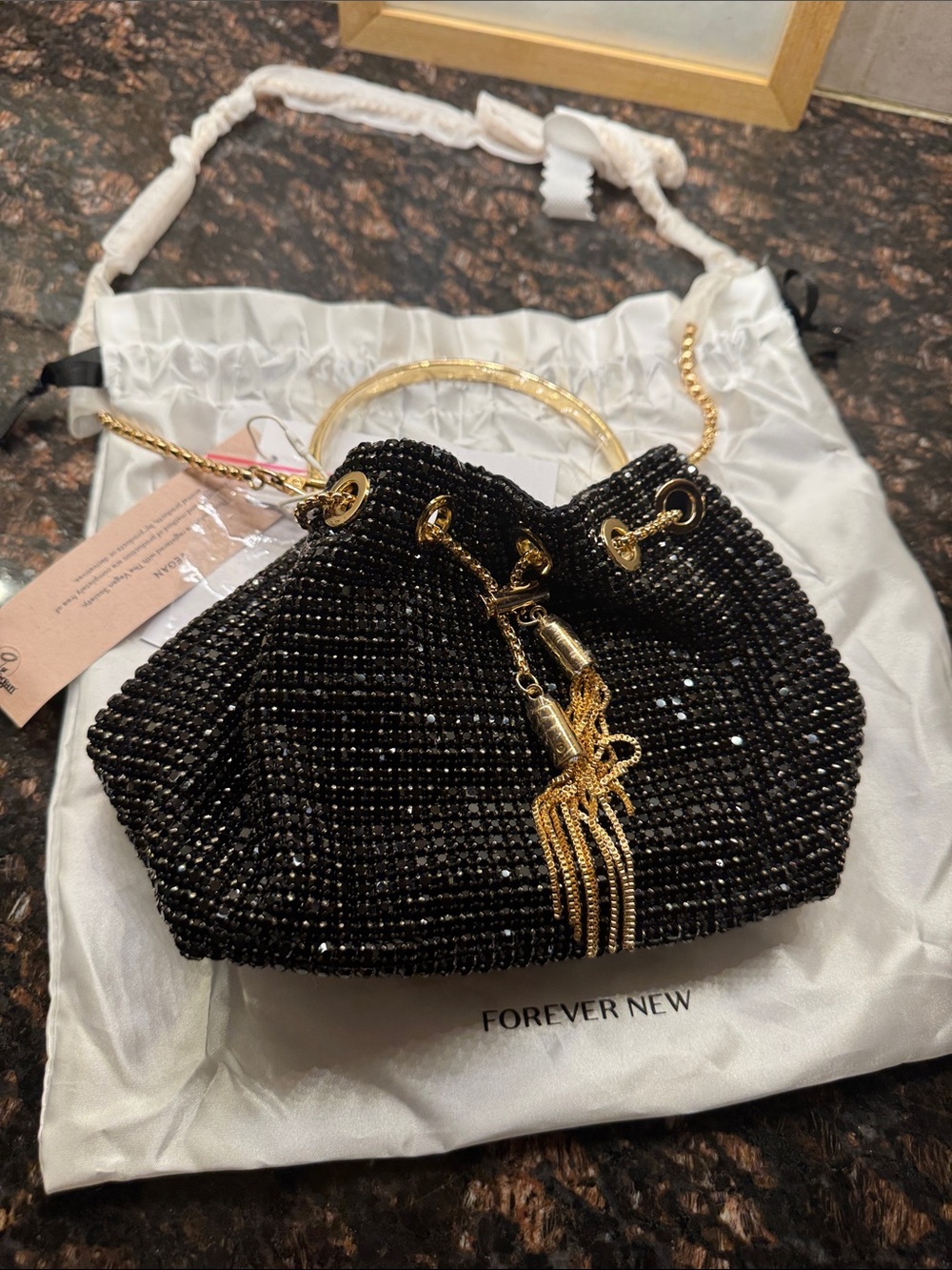 Forever New Black Beaded Mini Bag with Gold Chain Tassels